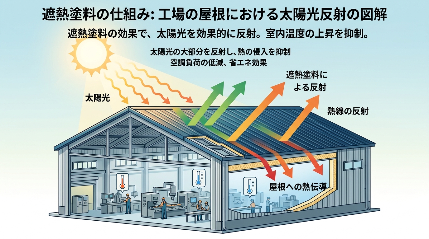 太陽光の赤外線を反射する遮熱塗料の仕組み図